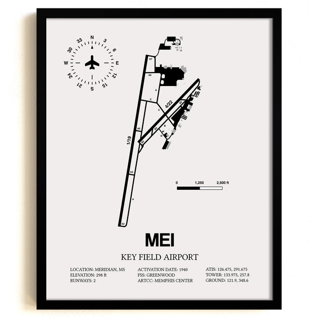 Framed Detailed Airport Map of Key Field Airport (MEI) in White with a Black Frame