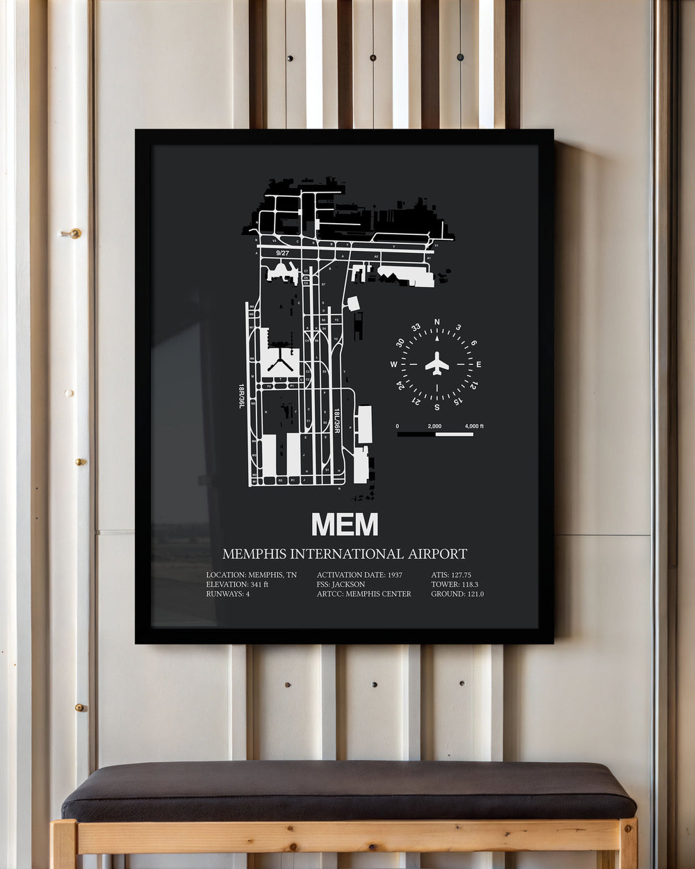 Framed Detailed Airport Map of Memphis International Airport (MEM) in Gray with a Black Frame