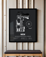 Framed Detailed Airport Map of Memphis International Airport (MEM) in Gray with a Black Frame
