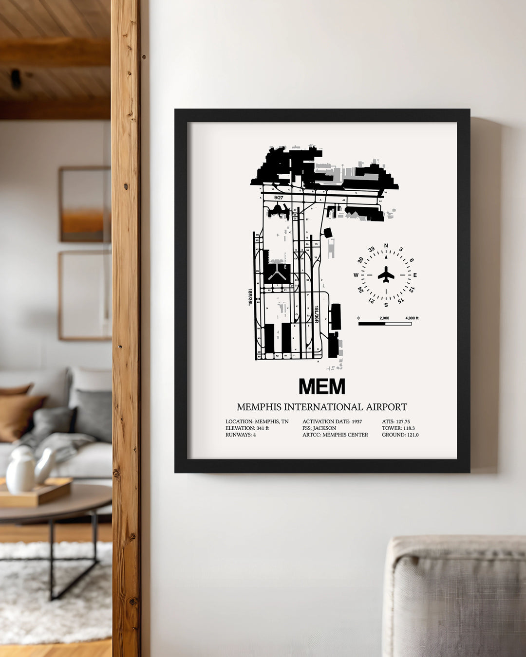 Framed Detailed Airport Map of Memphis International Airport (MEM) in White with a Black Frame
