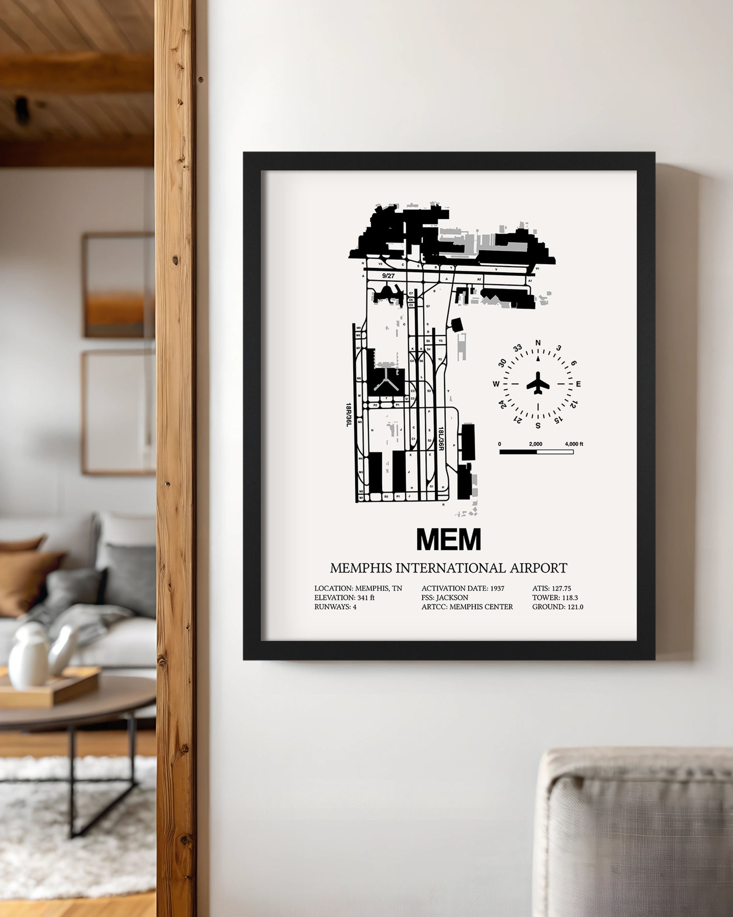 Framed Detailed Airport Map of Memphis International Airport (MEM) in White with a Black Frame