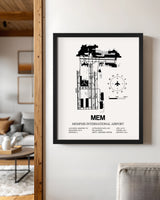 Framed Detailed Airport Map of Memphis International Airport (MEM) in White with a Black Frame