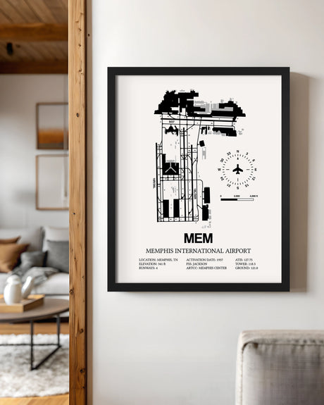 Framed Detailed Airport Map of Memphis International Airport (MEM) in White with a Black Frame