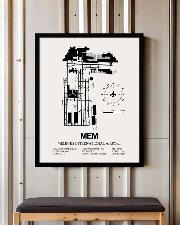 Framed Detailed Airport Map of Memphis International Airport (MEM) in White with a Black Frame