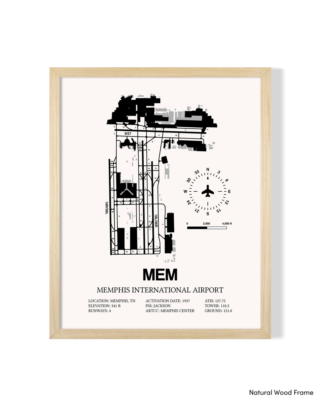 Detailed Airport Map of Memphis International Airport (MEM) in White with a Natural Frame