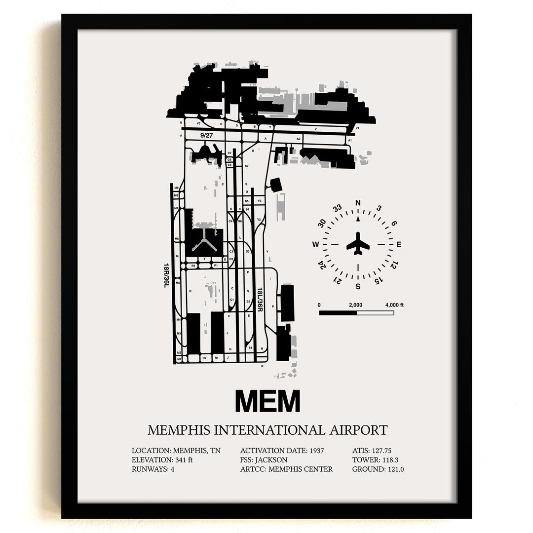 Framed Detailed Airport Map of Memphis International Airport (MEM) in White with a Black Frame