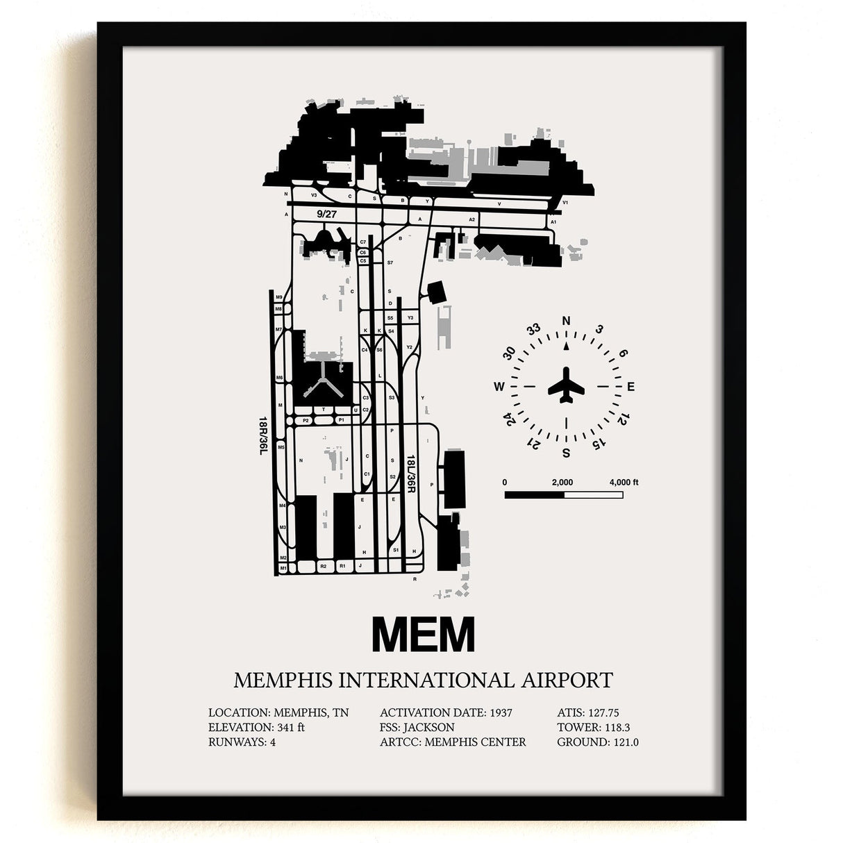 Framed Detailed Airport Map of Memphis International Airport (MEM) in White with a Black Frame