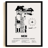 Framed Detailed Airport Map of Memphis International Airport (MEM) in White with a Black Frame
