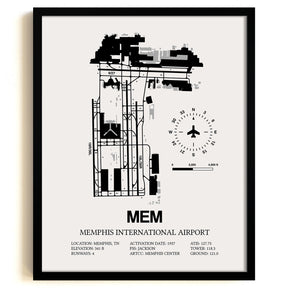Framed Detailed Airport Map of Memphis International Airport (MEM) in White with a Black Frame