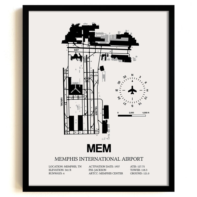 Framed Detailed Airport Map of Memphis International Airport (MEM) in White with a Black Frame