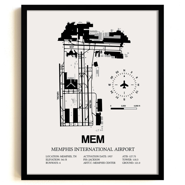 Framed Detailed Airport Map of Memphis International Airport (MEM) in White with a Black Frame