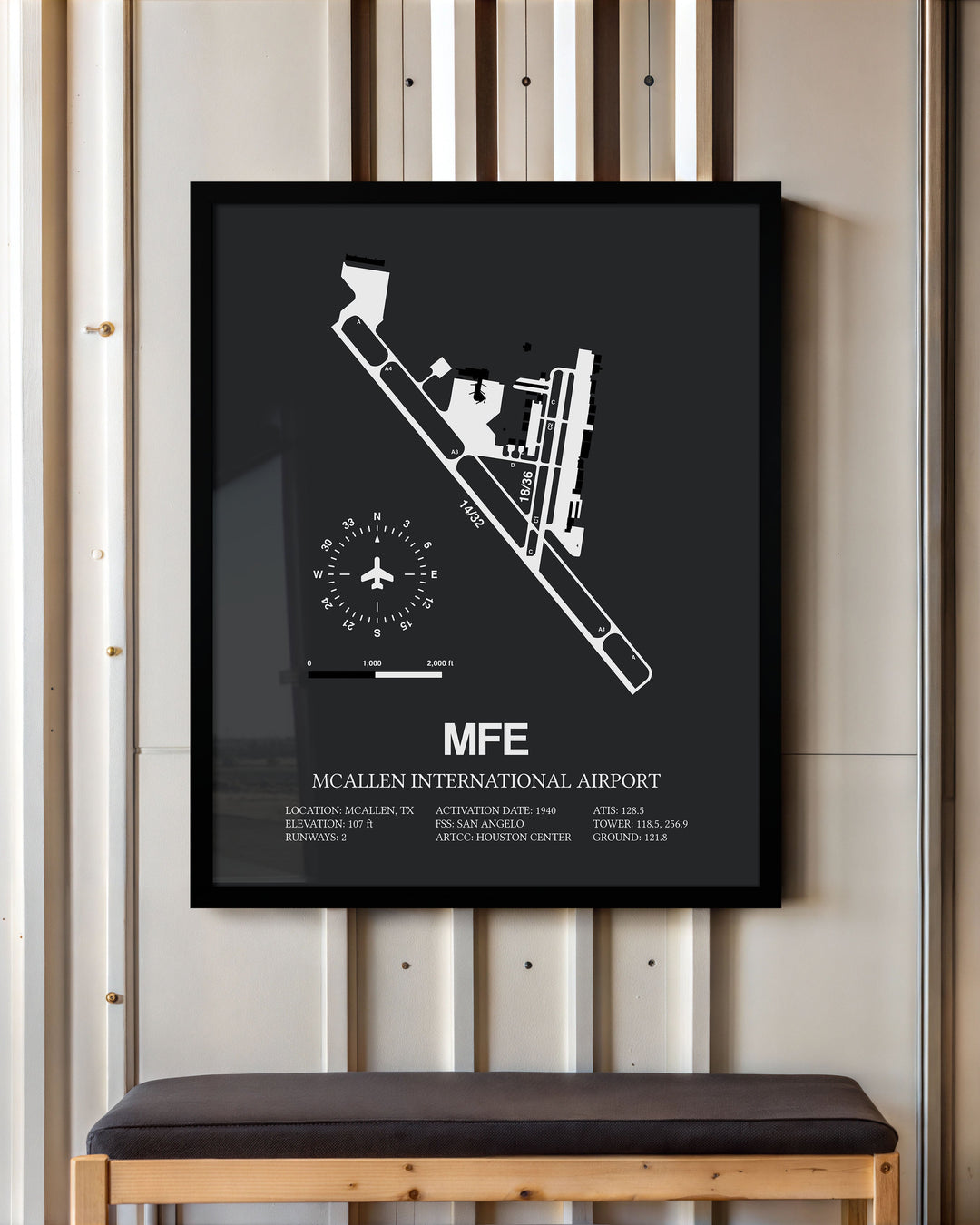 Framed Detailed Airport Map of McAllen International Airport (MFE) in Gray with a Black Frame