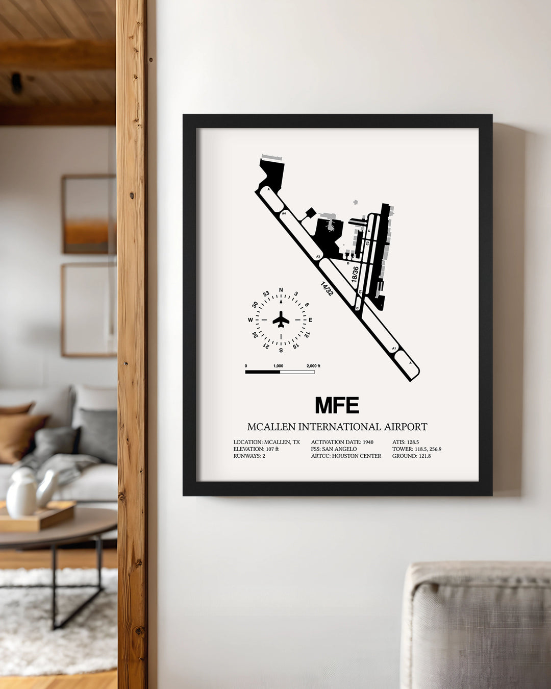 Framed Detailed Airport Map of McAllen International Airport (MFE) in White with a Black Frame
