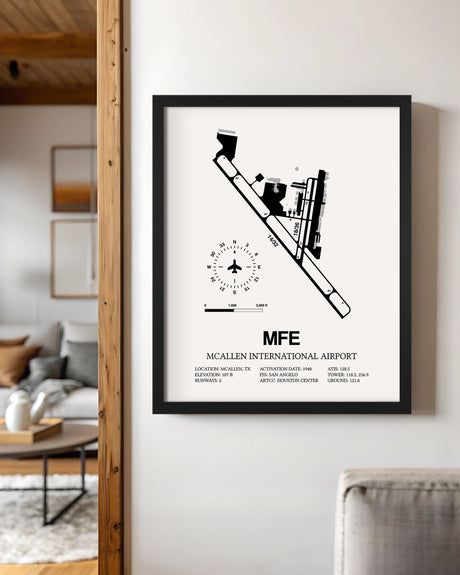 Framed Detailed Airport Map of McAllen International Airport (MFE) in White with a Black Frame