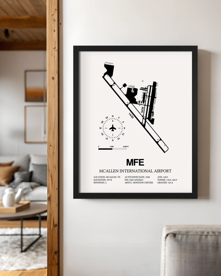 Framed Detailed Airport Map of McAllen International Airport (MFE) in White with a Black Frame