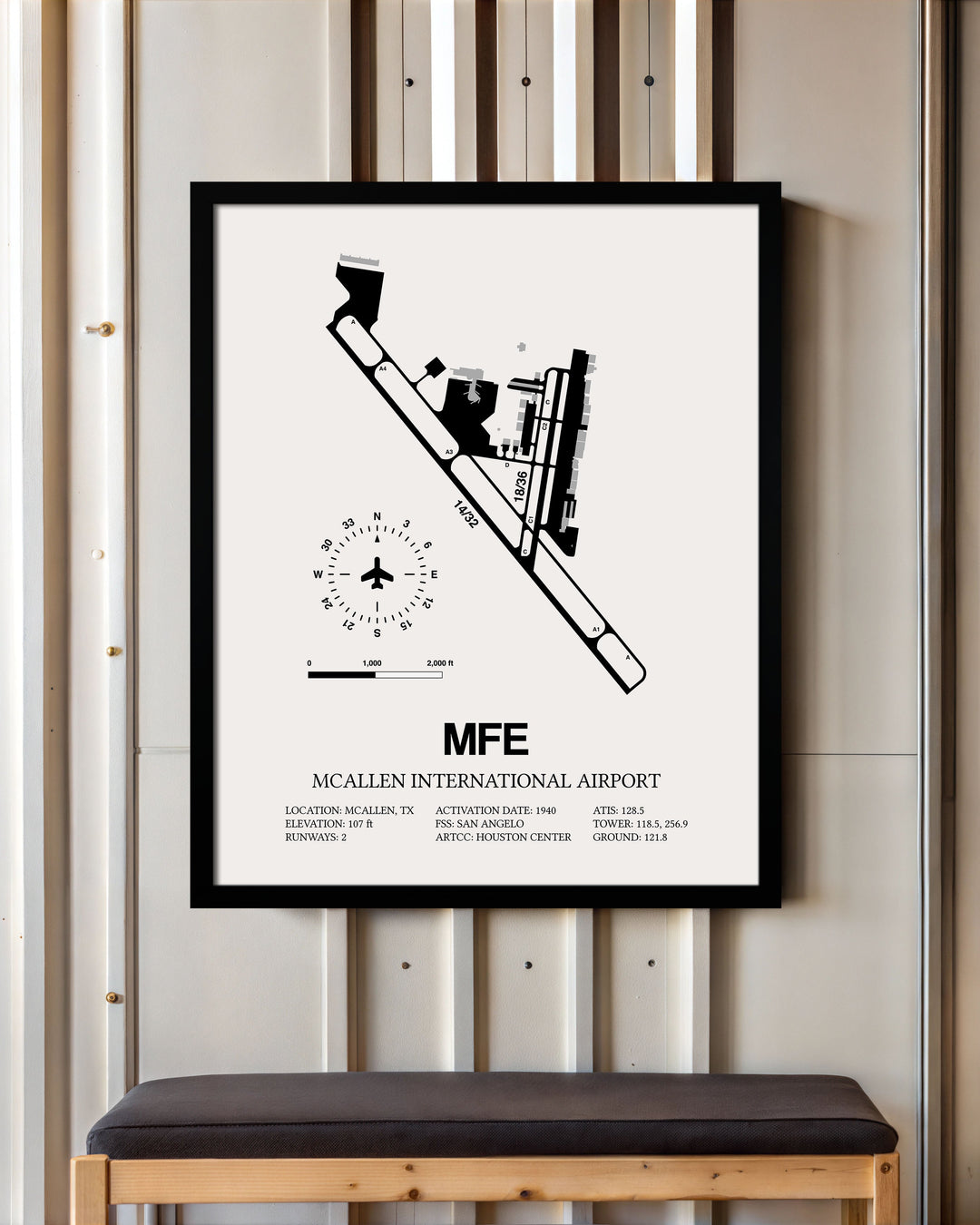 Framed Detailed Airport Map of McAllen International Airport (MFE) in White with a Black Frame
