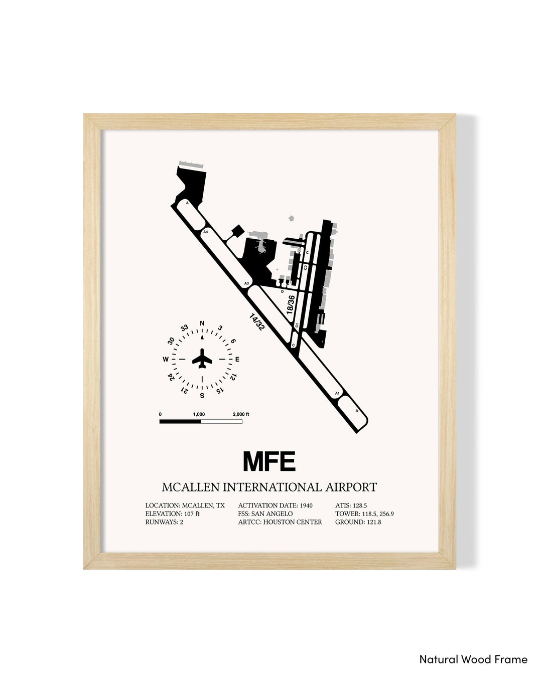Detailed Airport Map of McAllen International Airport (MFE) in White with a Natural Frame