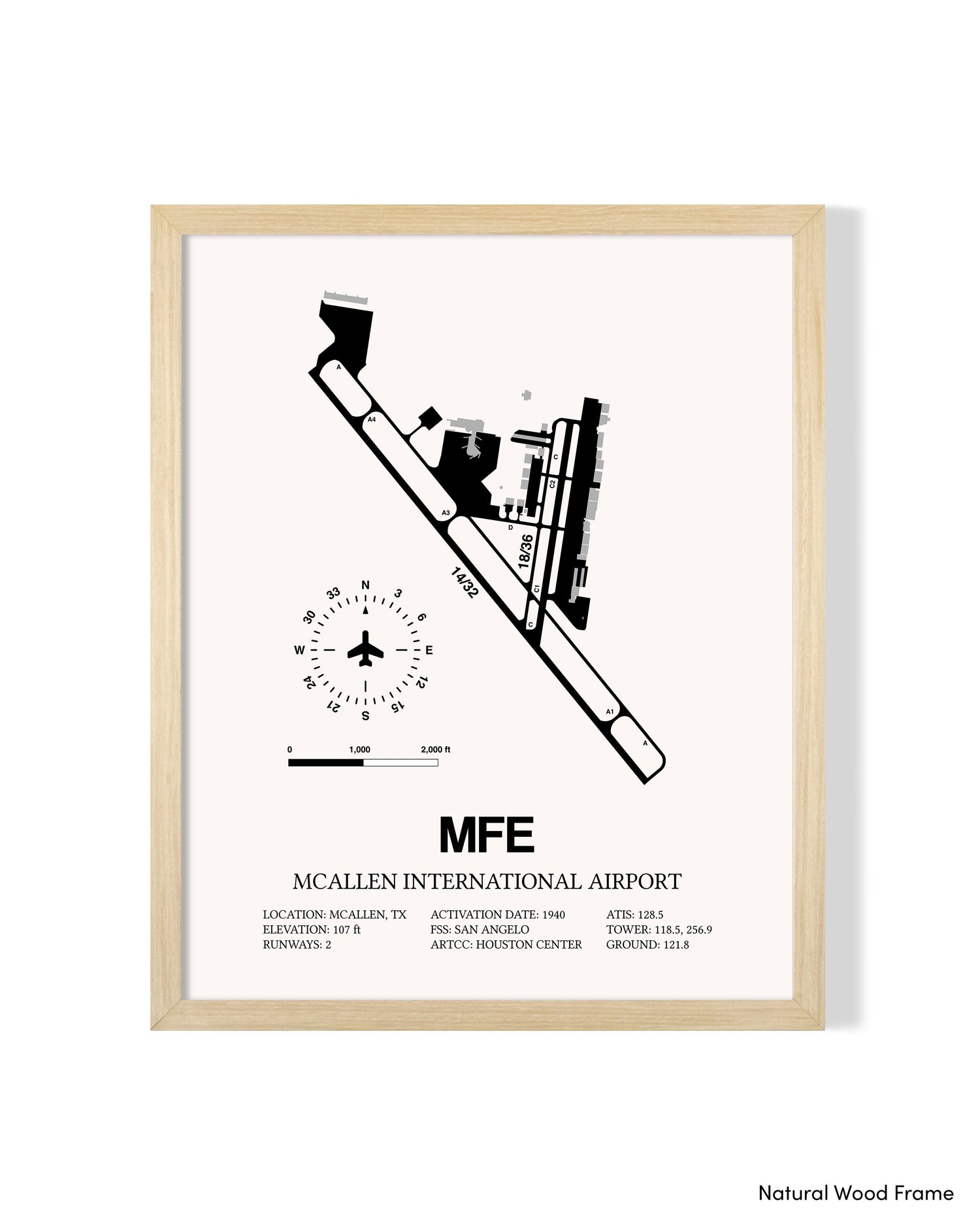 Detailed Airport Map of McAllen International Airport (MFE) in White with a Natural Frame