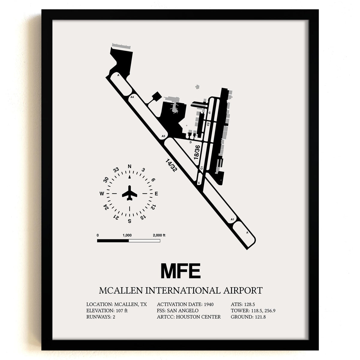 Framed Detailed Airport Map of McAllen International Airport (MFE) in White with a Black Frame