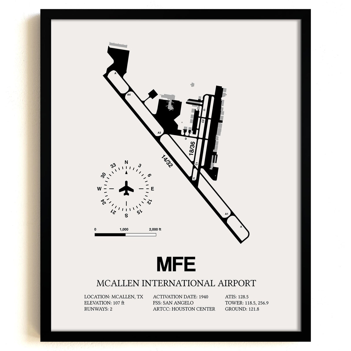 Framed Detailed Airport Map of McAllen International Airport (MFE) in White with a Black Frame