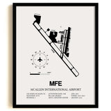 Framed Detailed Airport Map of McAllen International Airport (MFE) in White with a Black Frame