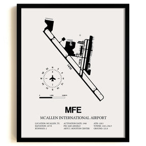 Framed Detailed Airport Map of McAllen International Airport (MFE) in White with a Black Frame