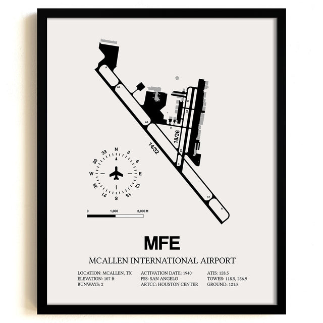 Framed Detailed Airport Map of McAllen International Airport (MFE) in White with a Black Frame