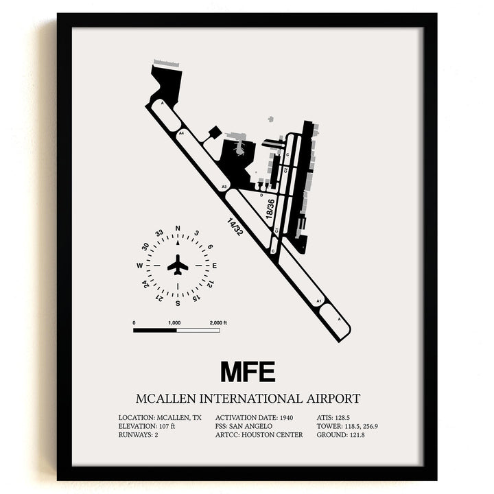 Framed Detailed Airport Map of McAllen International Airport (MFE) in White with a Black Frame