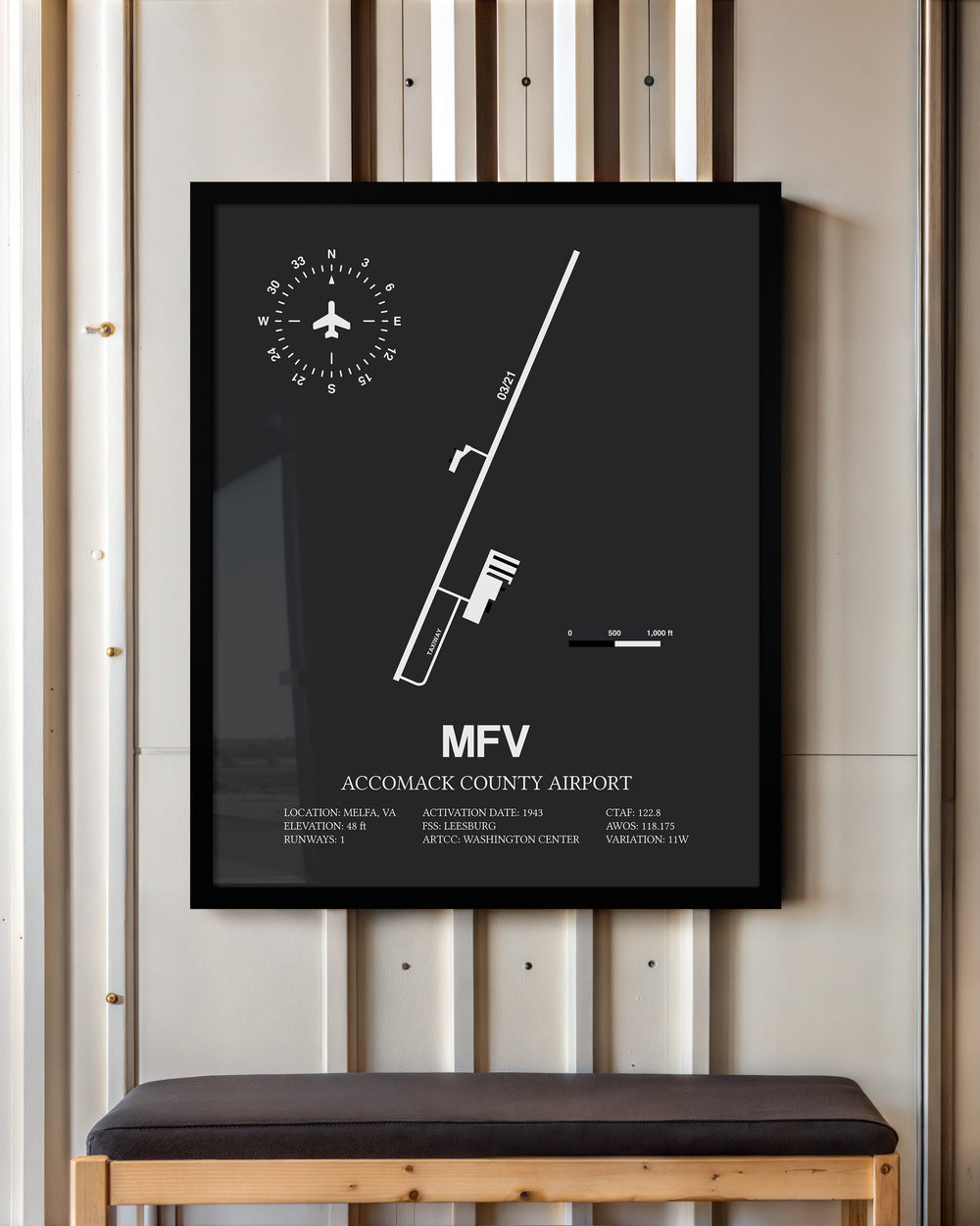 Framed Detailed Airport Map of Accomack County Airport (MFV) in Gray with a Black Frame