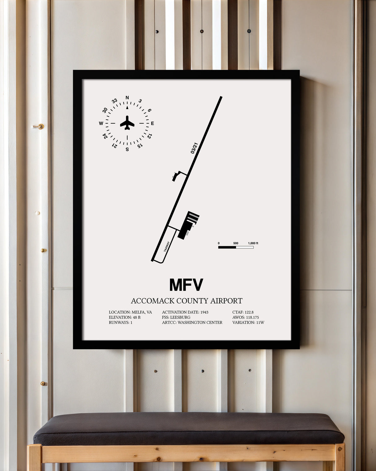 Framed Detailed Airport Map of Accomack County Airport (MFV) in White with a Black Frame