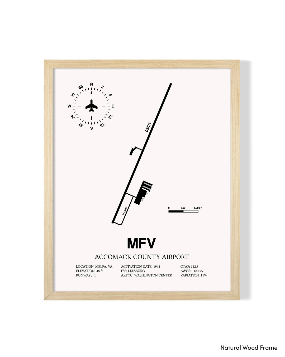 Detailed Airport Map of Accomack County Airport (MFV) in White with a Natural Frame