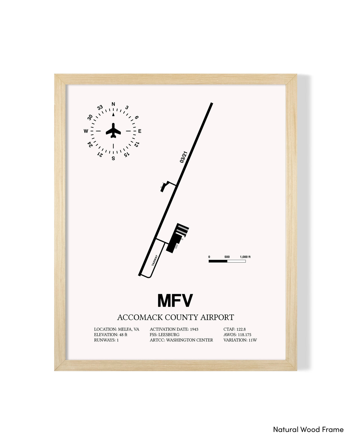 Detailed Airport Map of Accomack County Airport (MFV) in White with a Natural Frame
