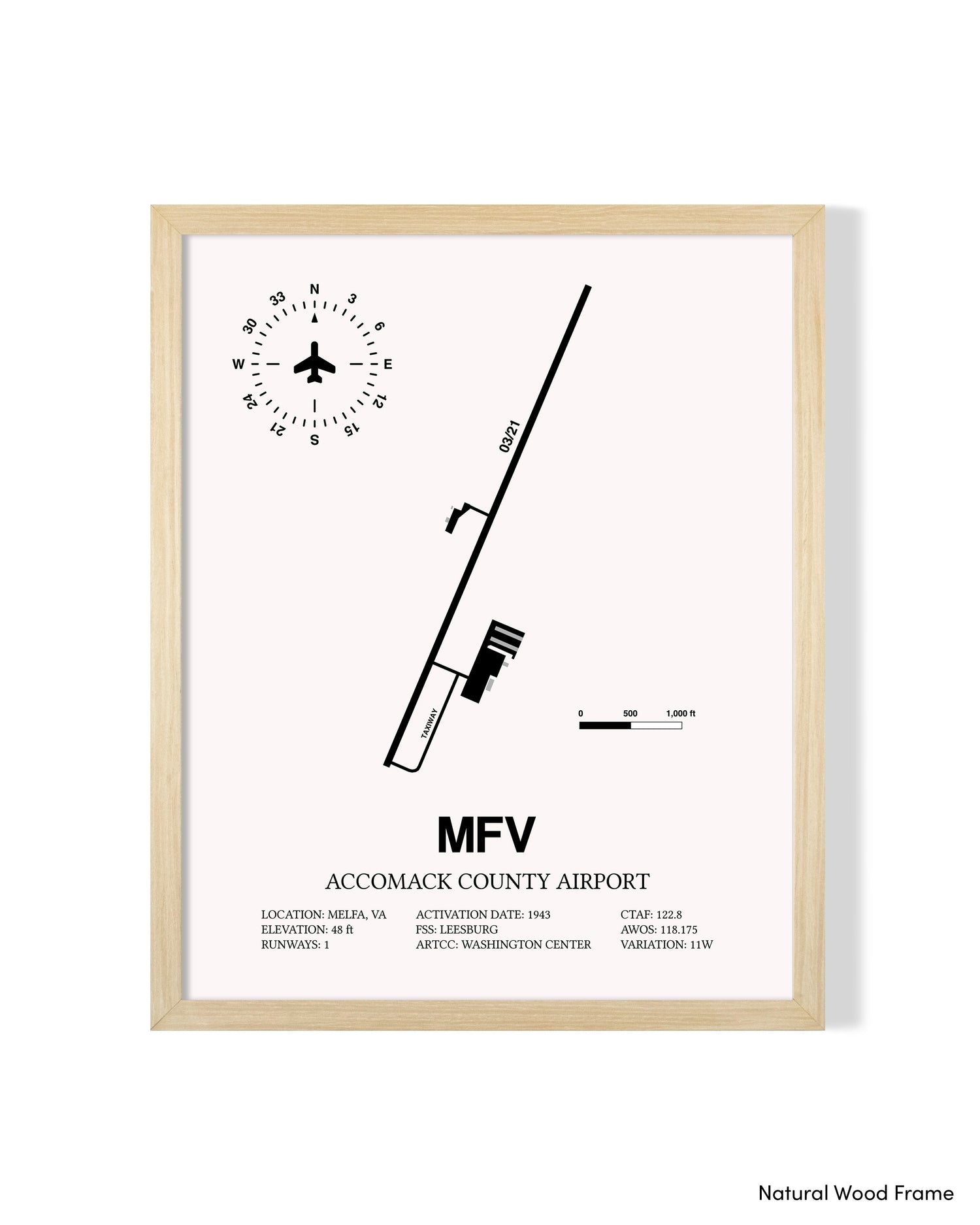 Detailed Airport Map of Accomack County Airport (MFV) in White with a Natural Frame