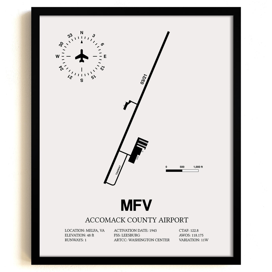 Framed Detailed Airport Map of Accomack County Airport (MFV) in White with a Black Frame