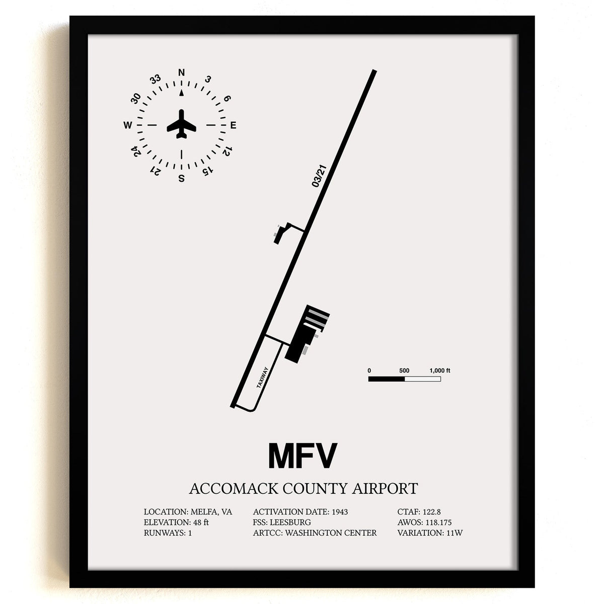 Framed Detailed Airport Map of Accomack County Airport (MFV) in White with a Black Frame
