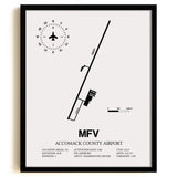 Framed Detailed Airport Map of Accomack County Airport (MFV) in White with a Black Frame