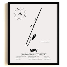 Framed Detailed Airport Map of Accomack County Airport (MFV) in White with a Black Frame
