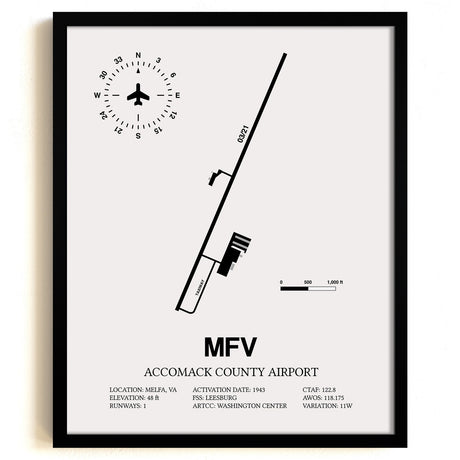 Framed Detailed Airport Map of Accomack County Airport (MFV) in White with a Black Frame