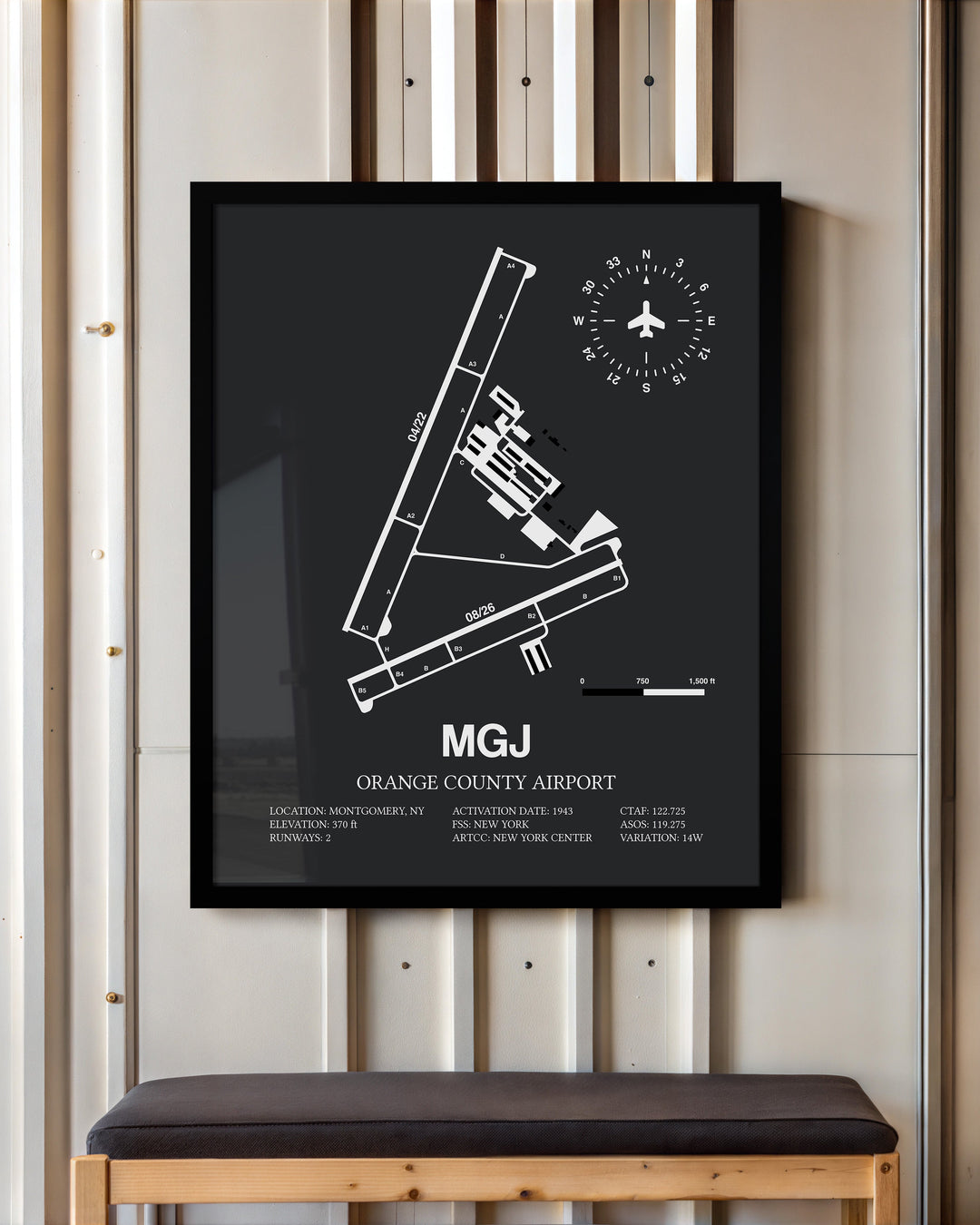 Framed Detailed Airport Map of Orange County Airport (MGJ) in Gray with a Black Frame
