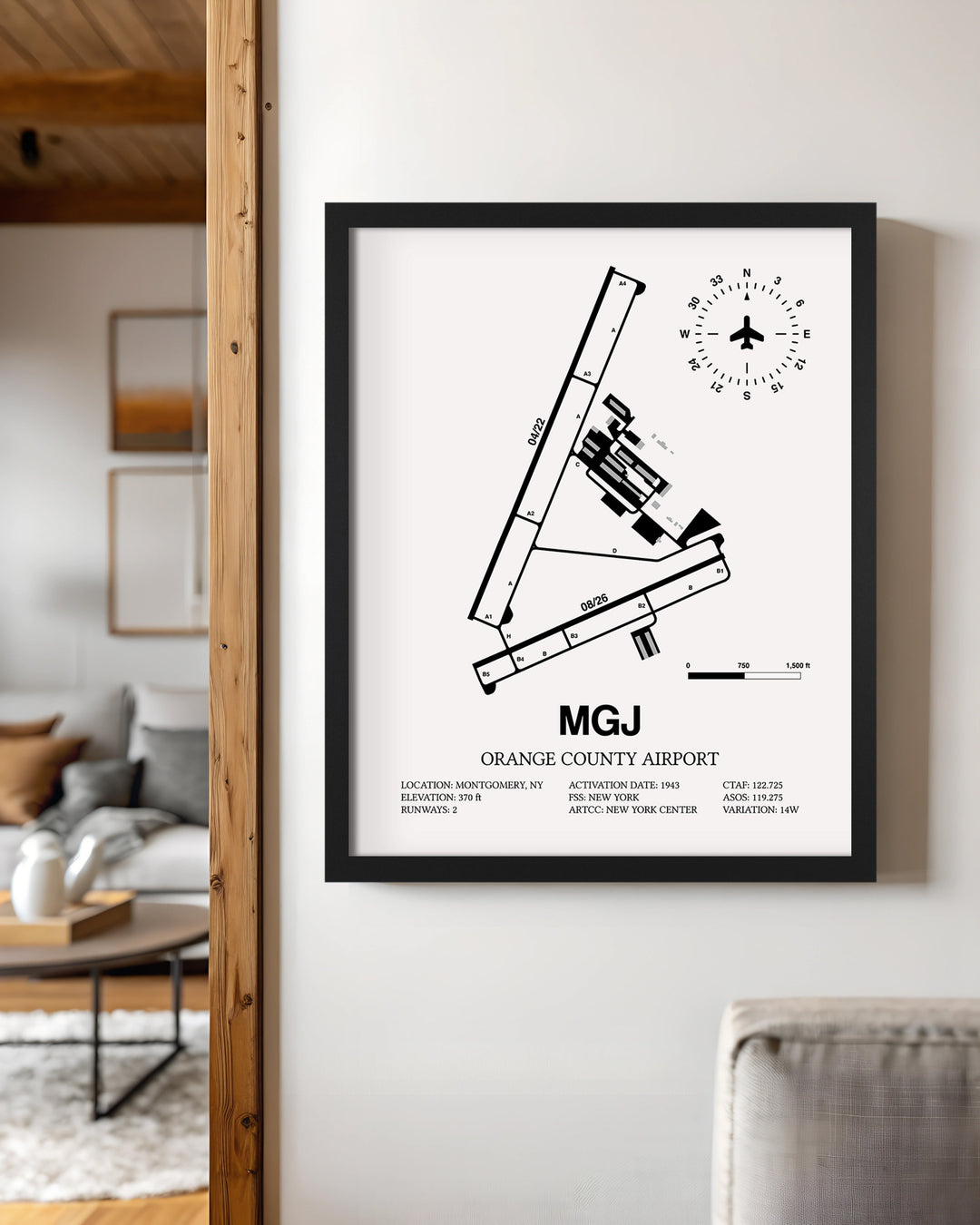 Framed Detailed Airport Map of Orange County Airport (MGJ) in White with a Black Frame