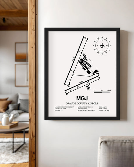 Framed Detailed Airport Map of Orange County Airport (MGJ) in White with a Black Frame