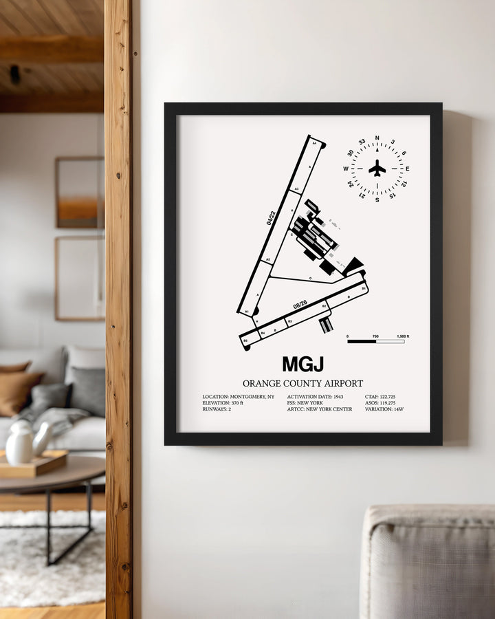 Framed Detailed Airport Map of Orange County Airport (MGJ) in White with a Black Frame