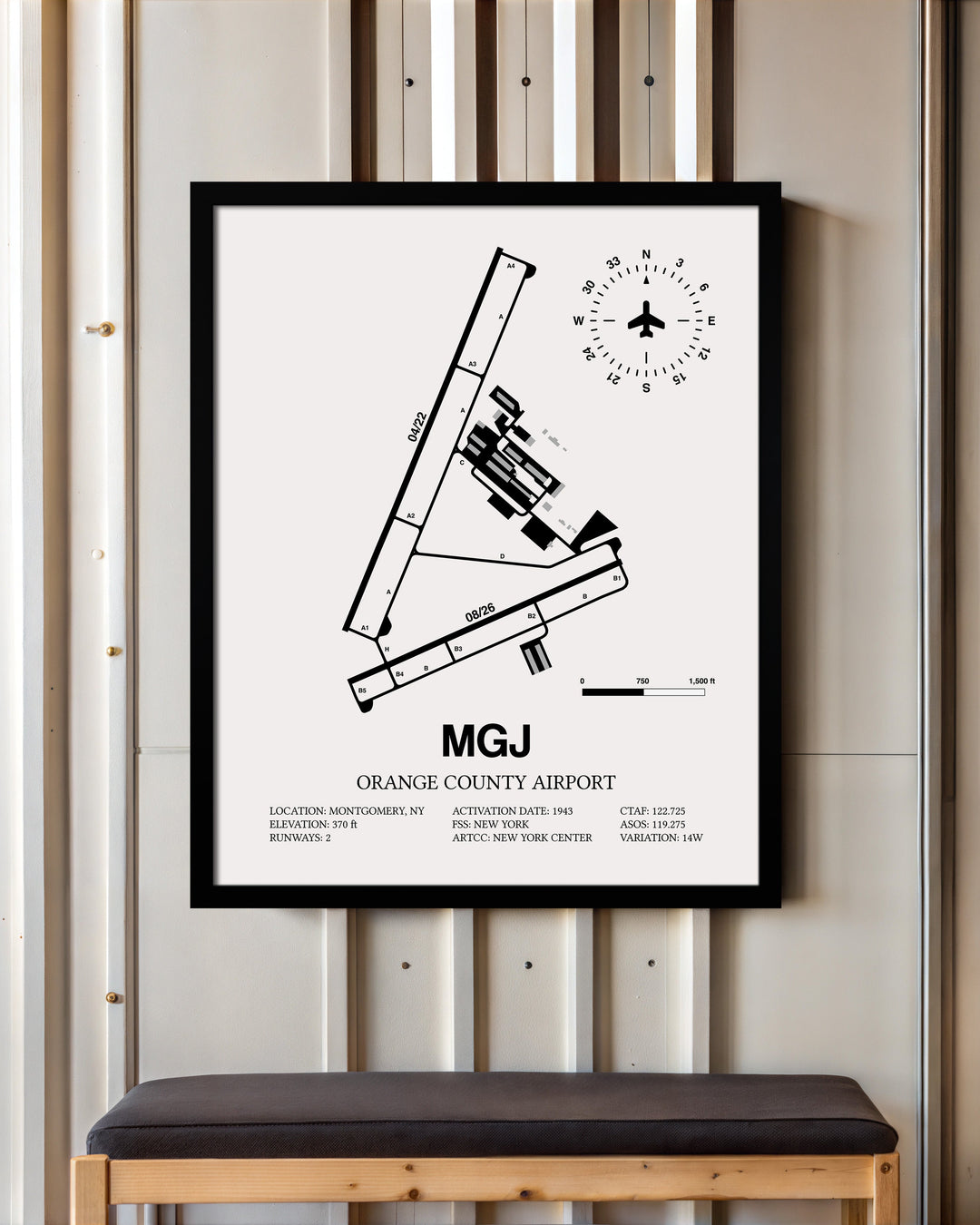 Framed Detailed Airport Map of Orange County Airport (MGJ) in White with a Black Frame