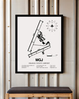 Framed Detailed Airport Map of Orange County Airport (MGJ) in White with a Black Frame