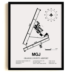 Framed Detailed Airport Map of Orange County Airport (MGJ) in White with a Black Frame