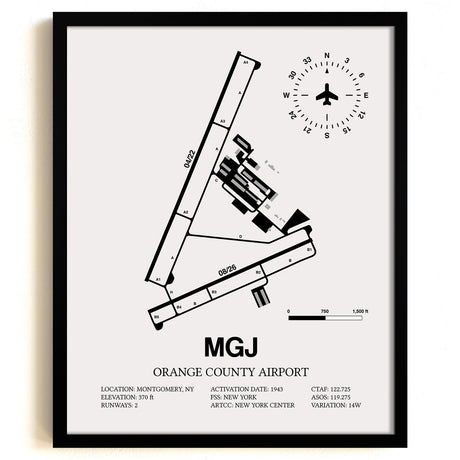 Framed Detailed Airport Map of Orange County Airport (MGJ) in White with a Black Frame