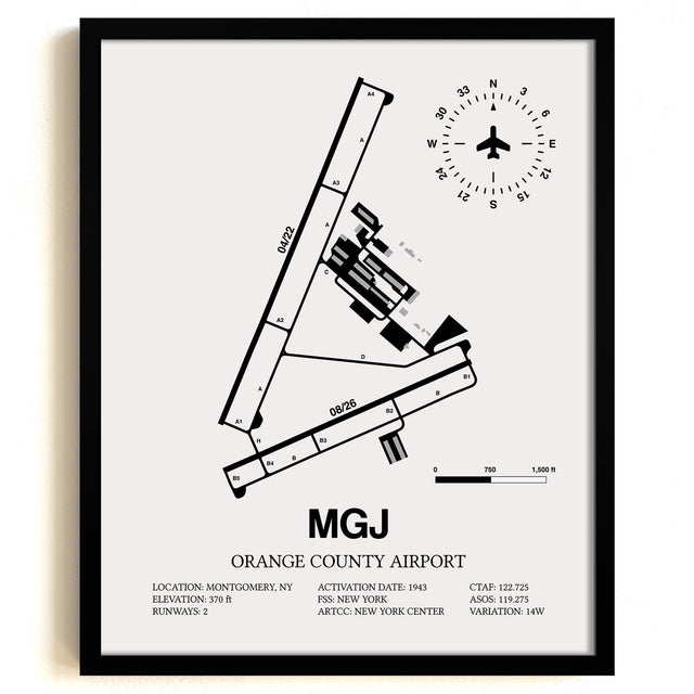 Framed Detailed Airport Map of Orange County Airport (MGJ) in White with a Black Frame