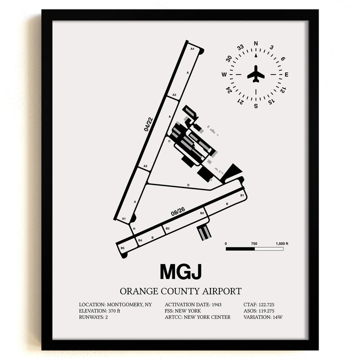 Framed Detailed Airport Map of Orange County Airport (MGJ) in White with a Black Frame