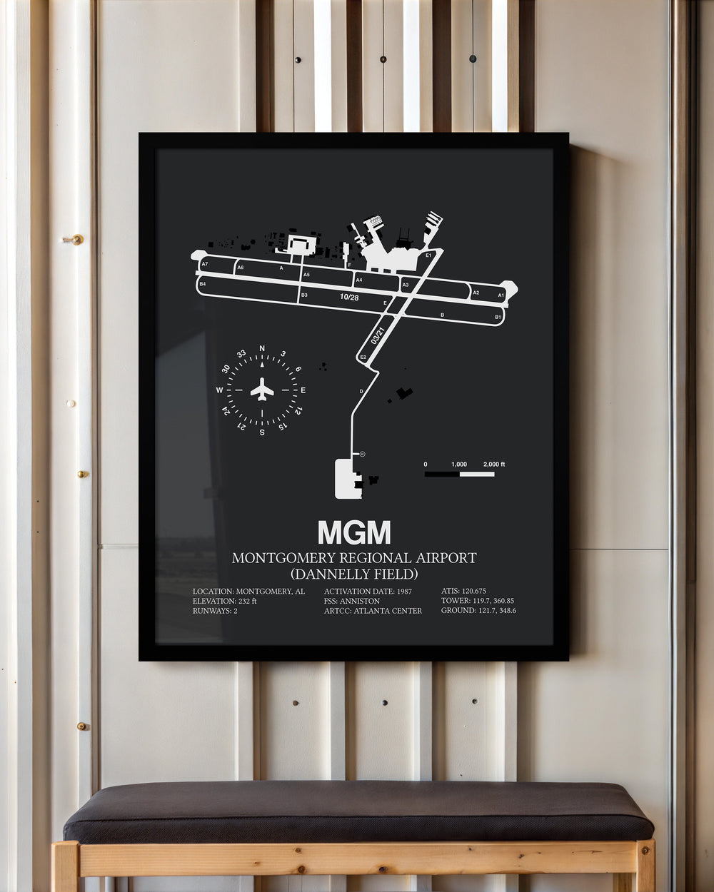 Framed Detailed Airport Map of Montgomery Regional Airport (Dannelly Field) (MGM) in Gray with a Black Frame