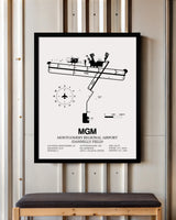 Framed Detailed Airport Map of Montgomery Regional Airport (Dannelly Field) (MGM) in White with a Black Frame